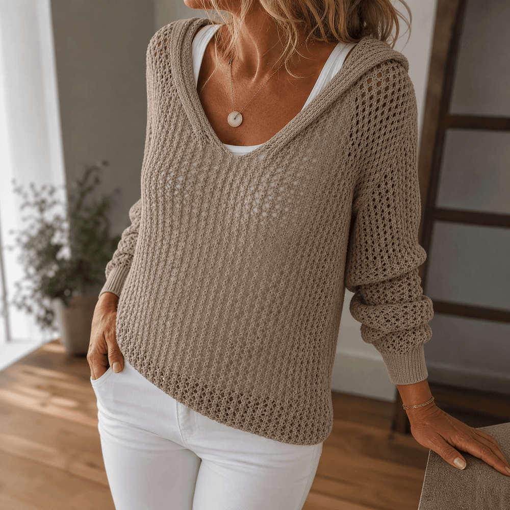 Delyne – Women's Open-Knit Hooded Pullover