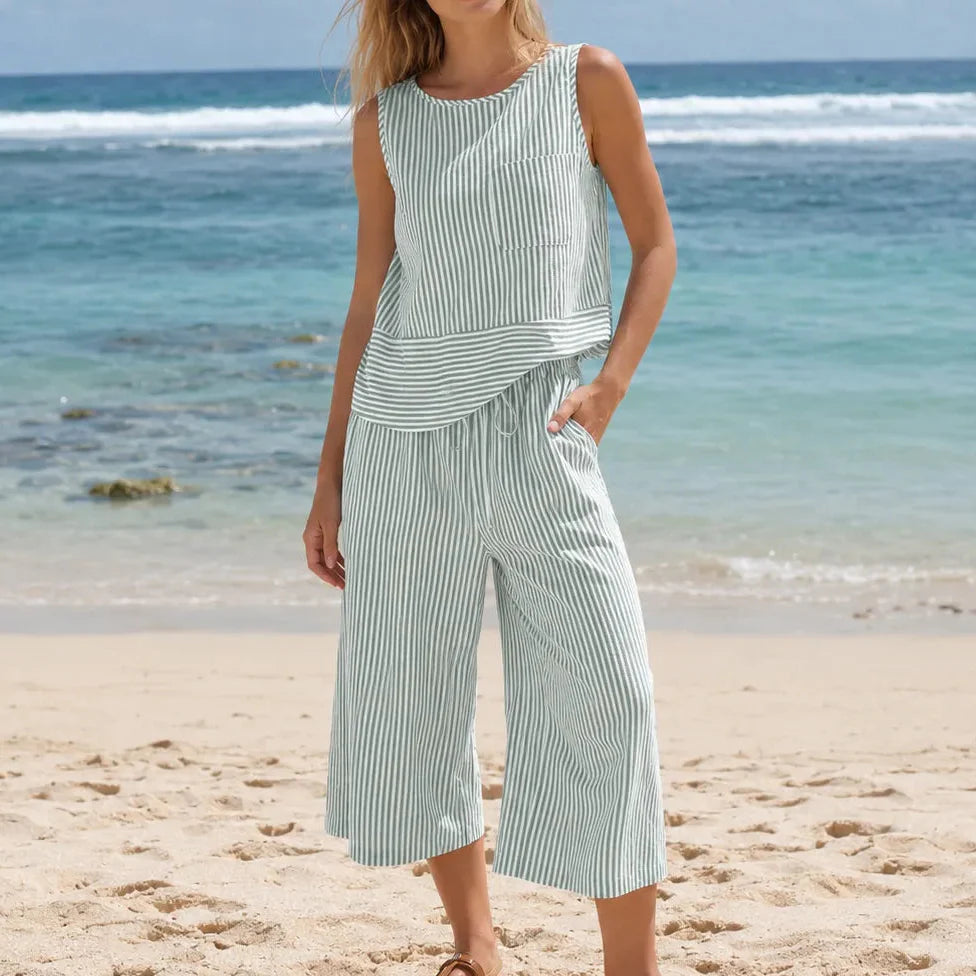 Solenne – Striped Wide Leg Two Piece Summer Set for Women