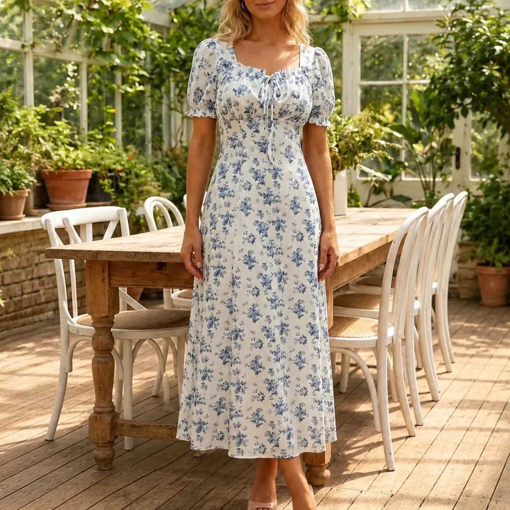 Maevra – Floral Midi Dress with Tie-Front Square Neckline