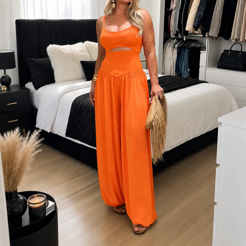 Florenza – Sleeveless Cutout Wide Leg Jumpsuit with Adjustable Back Tie