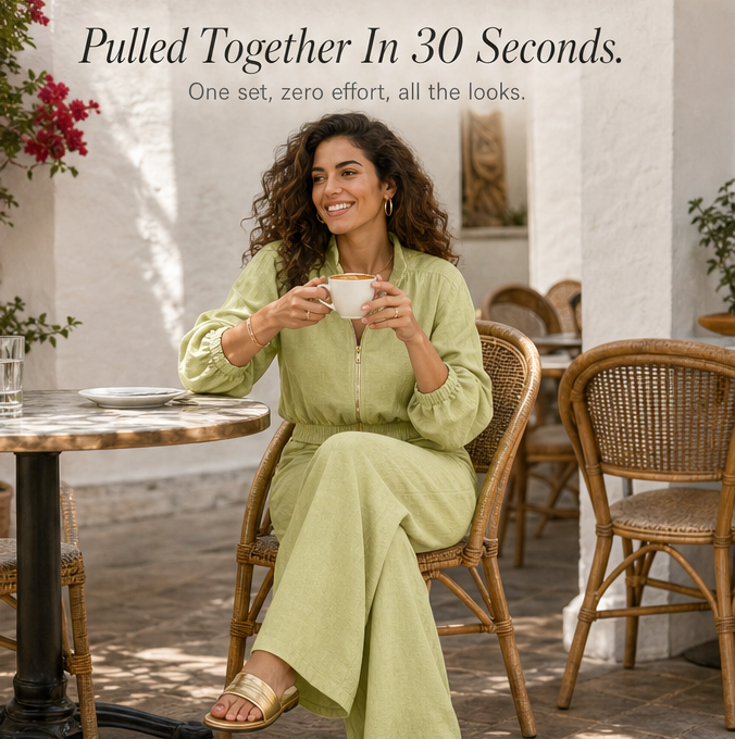 Veluna – Women's Linen Two-Piece Set with Gold Zip