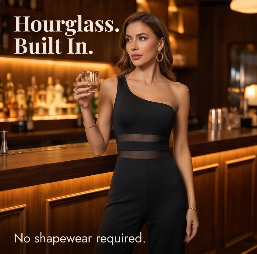 Veluna – Women's One-Shoulder Mesh Waist Jumpsuit