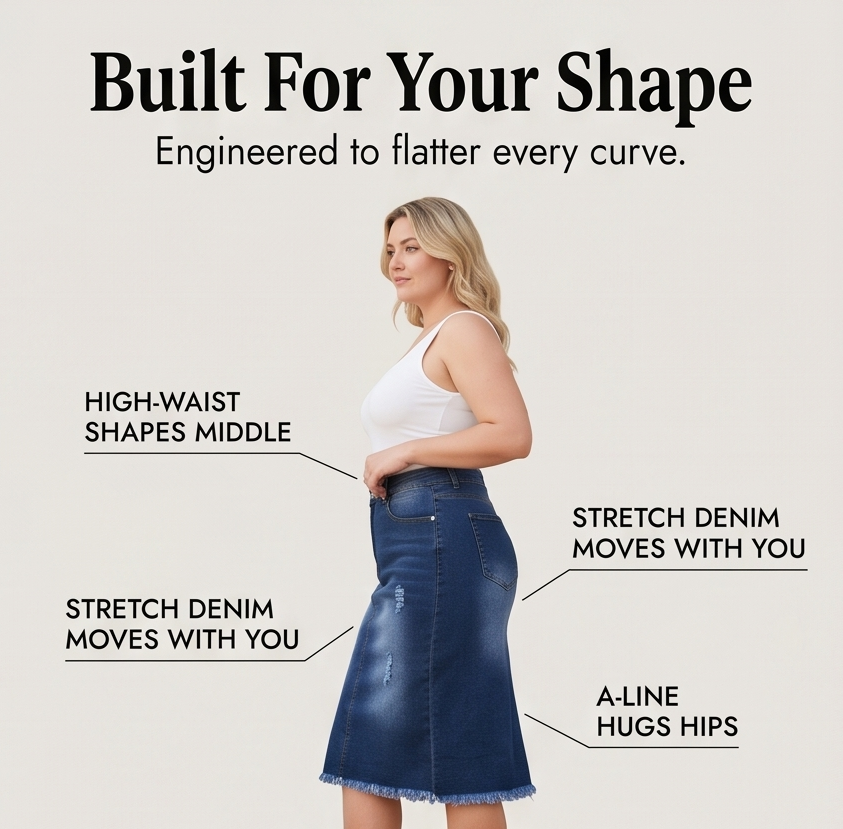 Veluna – Women's Curve-Flattering Frayed Hem Denim Skirt