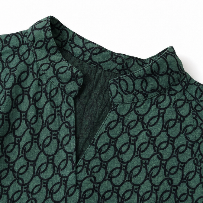 Drapella – Geometric Print V-Neck Tunic Blouse with Roll-Tab Sleeves