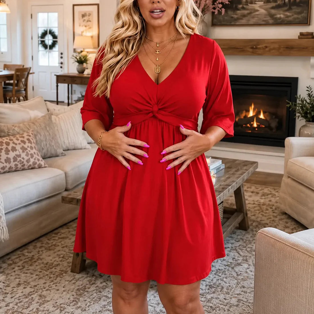 Wearbella – Plus Size V-Neck Twist Front Flutter Sleeve Dress with Pockets