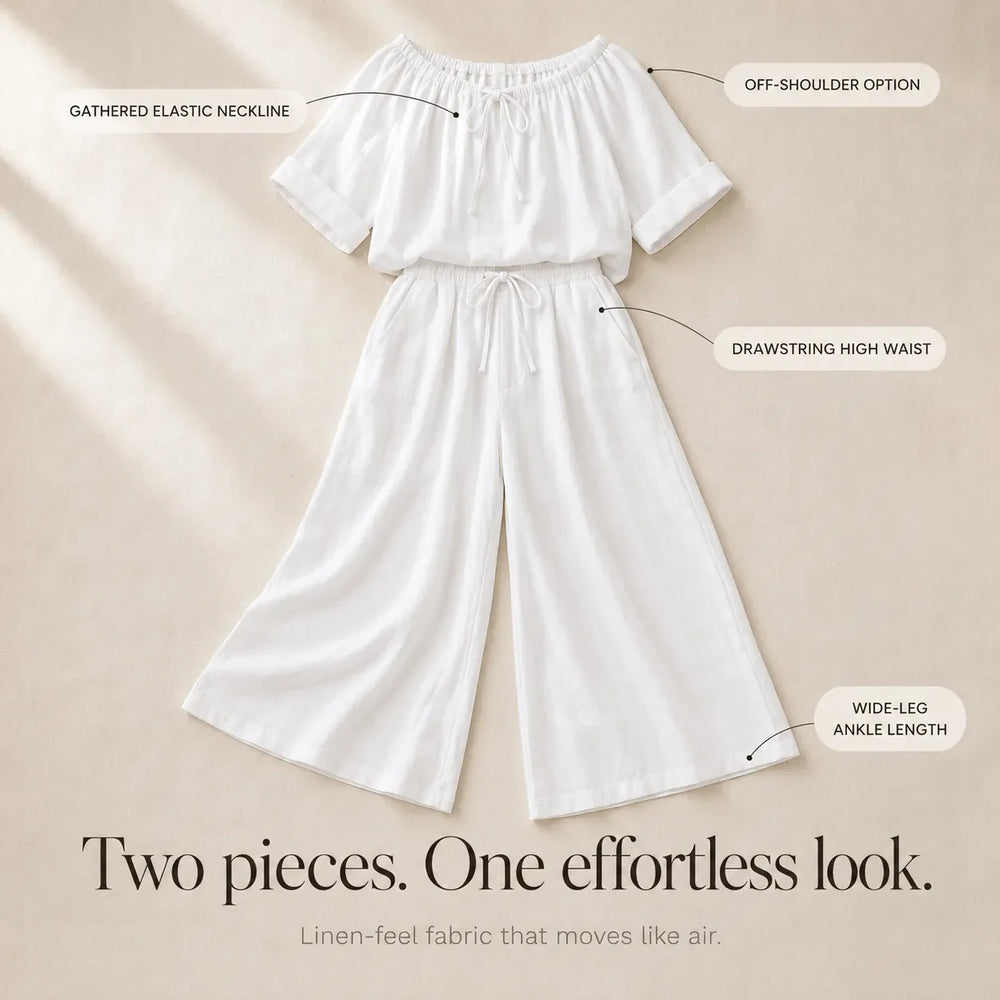 Soléne – Off-Shoulder Drawstring Top & Wide-Leg Pants 2-Piece Set