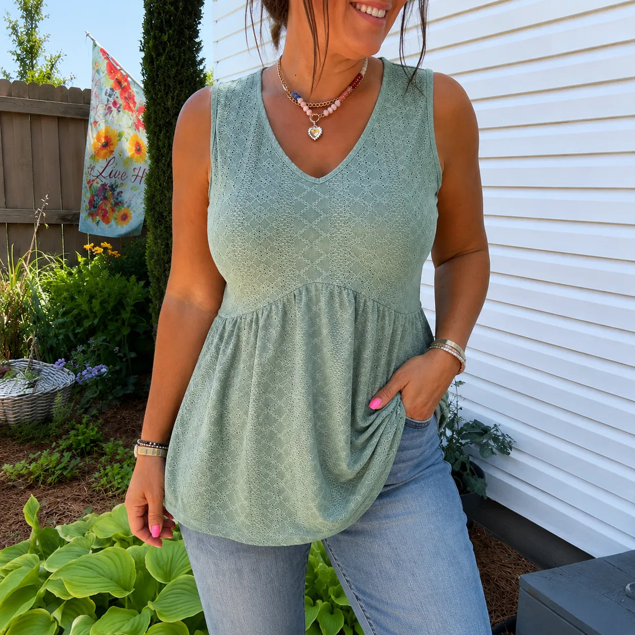 Florelle – Eyelet Peplum V-Neck Tank Top for Women, Flowy Sleeveless Summer Top