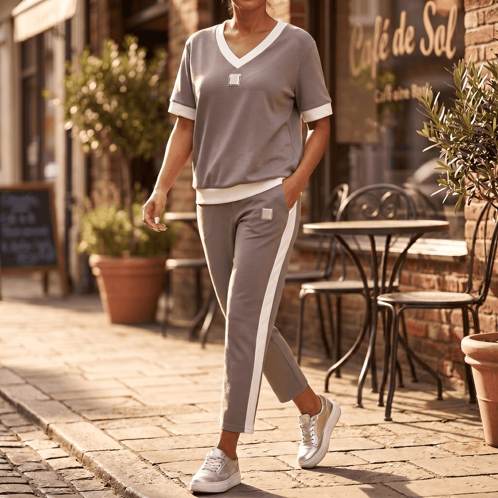 Ellara – Women's Contrast Trim V-Neck Pants Set