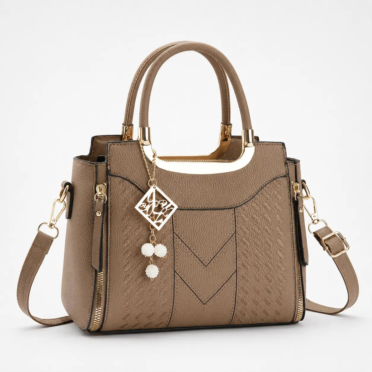 Velura – Structured Top Handle Satchel with Crossbody Strap, V-Stitch, Gold Hardware