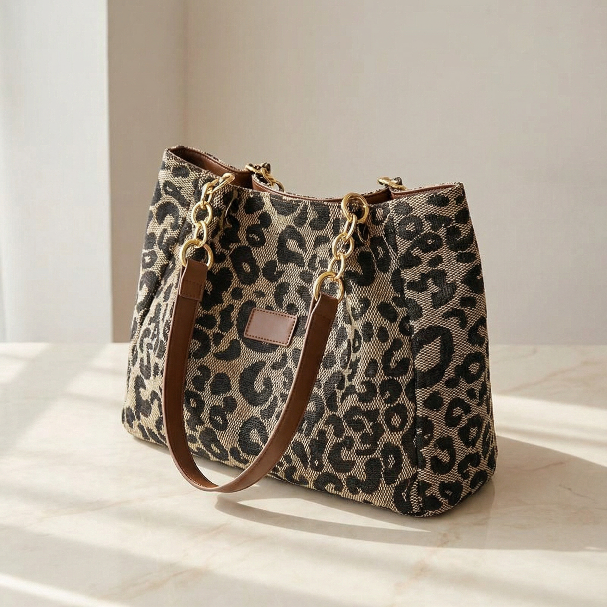 Lynxe - Leopard Print Tote with Chain Detail