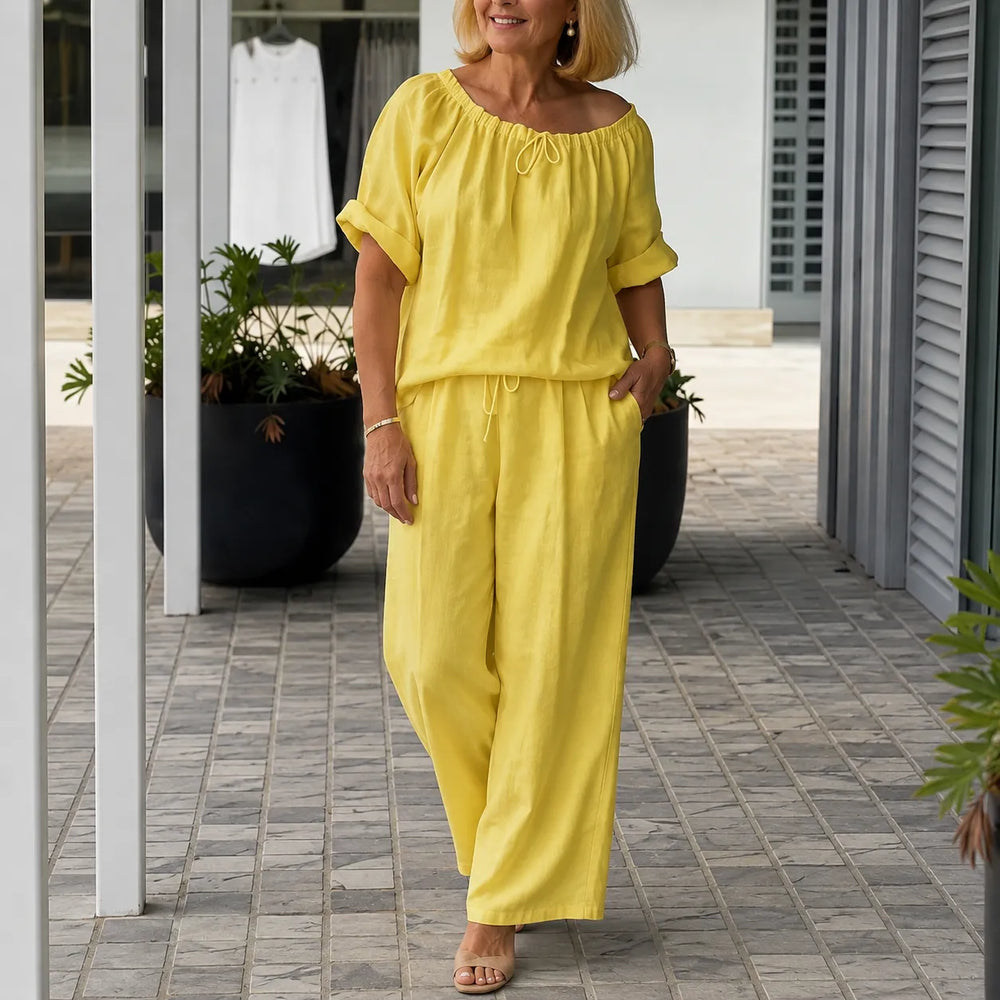 Soléne – Off-Shoulder Drawstring Top & Wide-Leg Pants 2-Piece Set