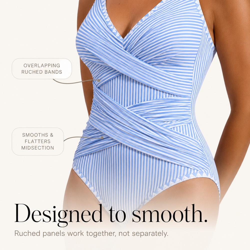 Marivelle – Crisscross Wrap-Front Striped One-Piece Swimsuit, V-Neck Tummy-Smoothing Bathing Suit for Women