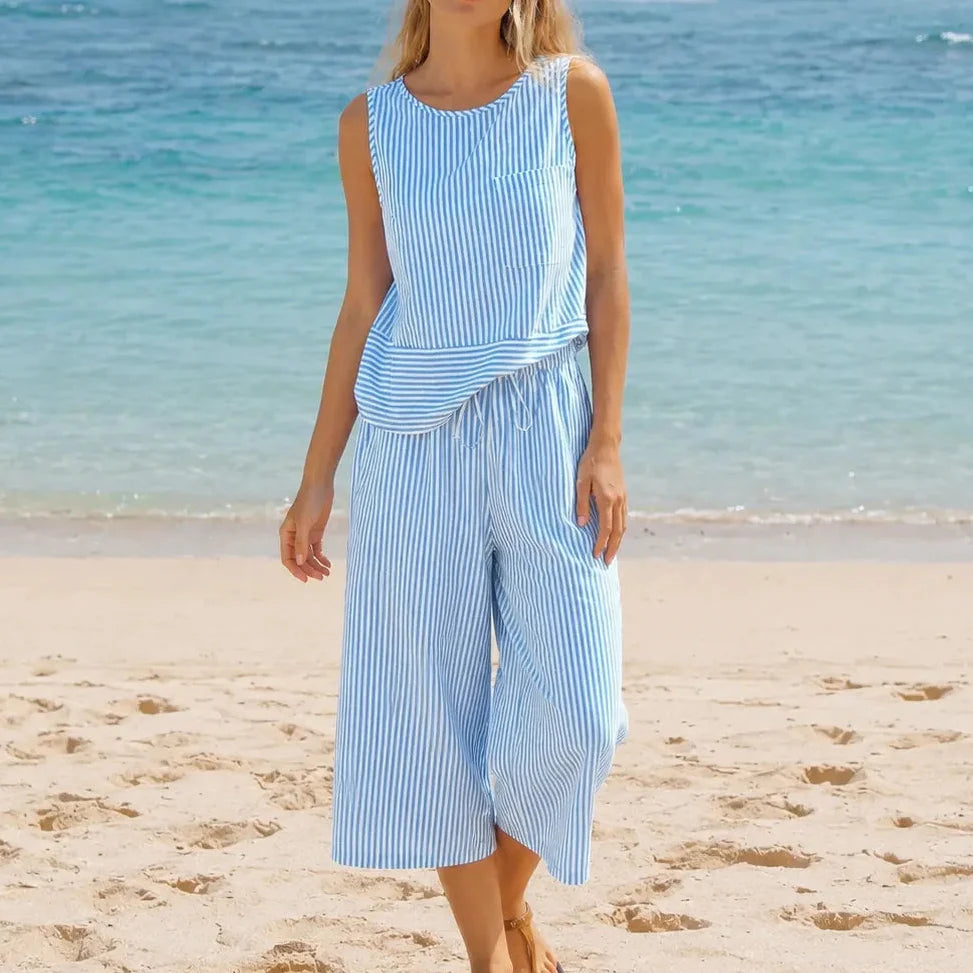 Solenne – Striped Wide Leg Two Piece Summer Set for Women
