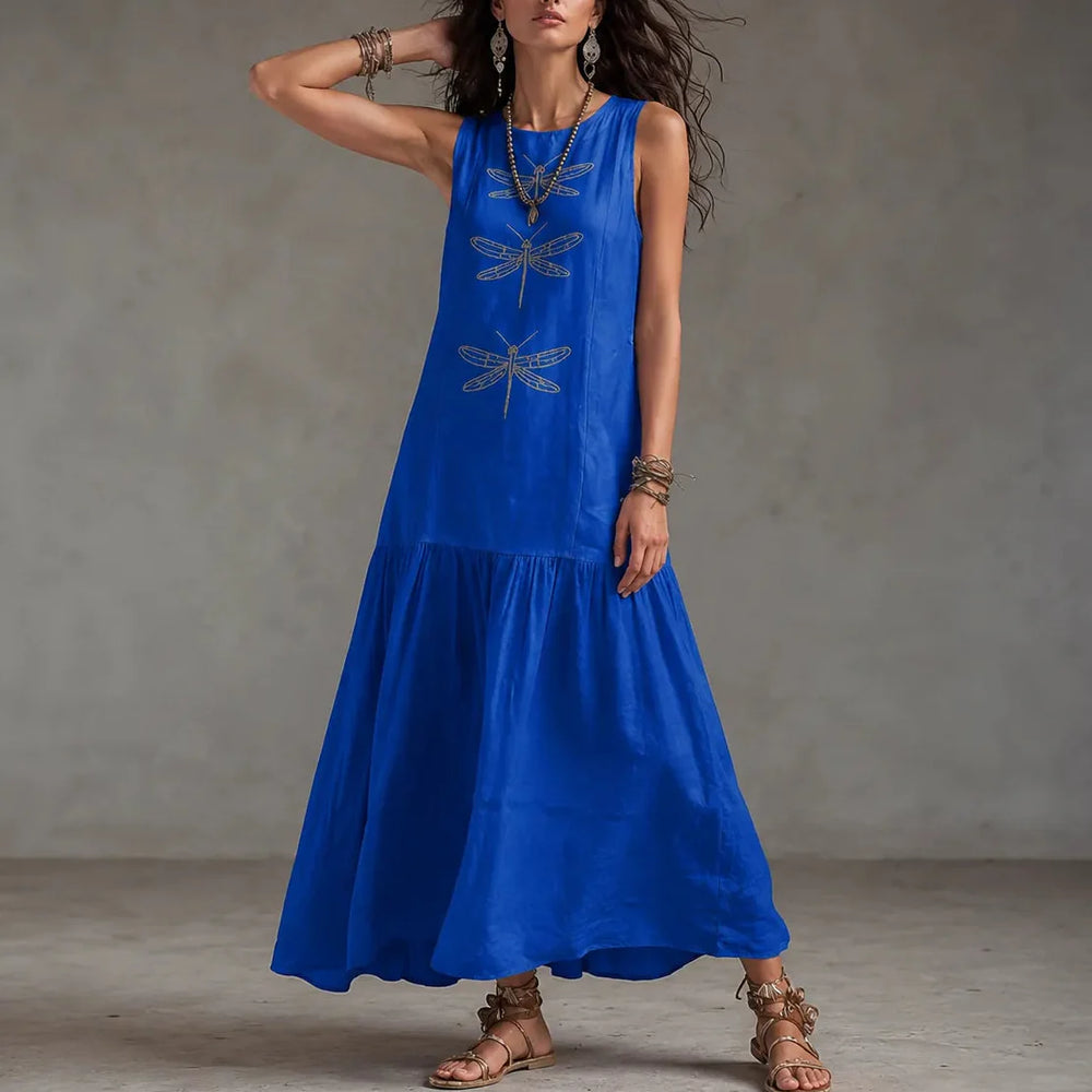 Solenne – Sleeveless Dragonfly Maxi Dress with Drop Waist