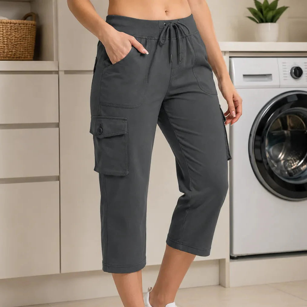 Wearwell – Stretchy Cargo Capris with Drawstring Waist and Multiple Pockets