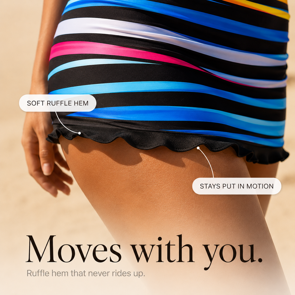 Solina – Twist-Front Striped Bikini Set with High-Waist Ruched Skirt Bottom