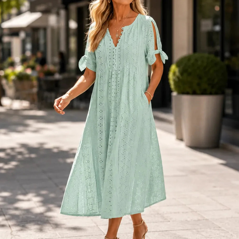 Lunavia – Eyelet V Neck Midi Dress with Tie Sleeves and Pockets