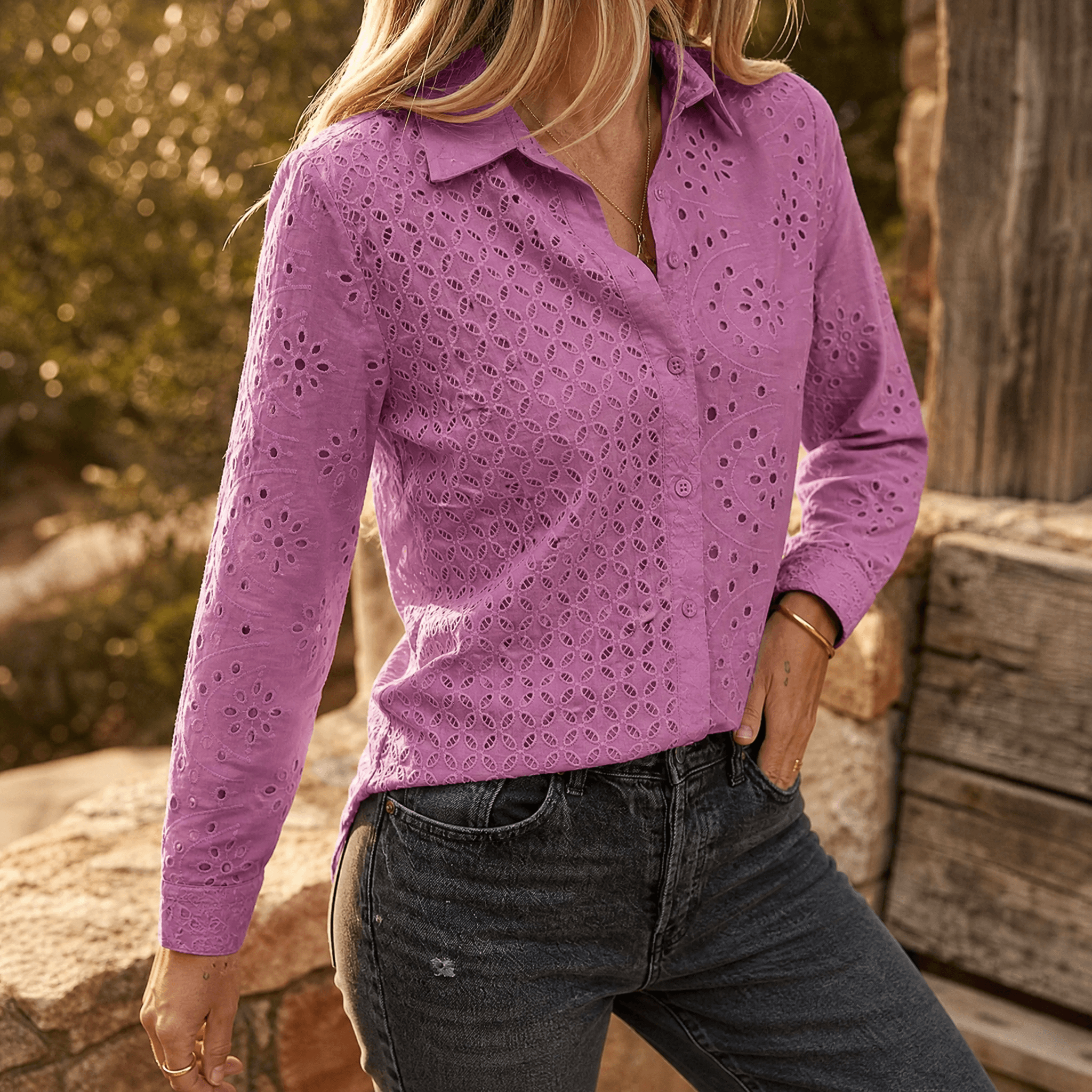 Florelle – Embroidered Eyelet Button Blouse