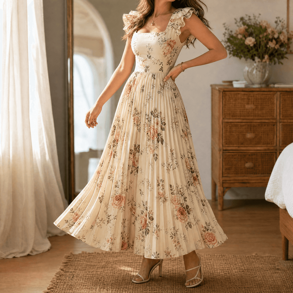 Florelle – Women's Square-Neck Floral Pleated Maxi Dress