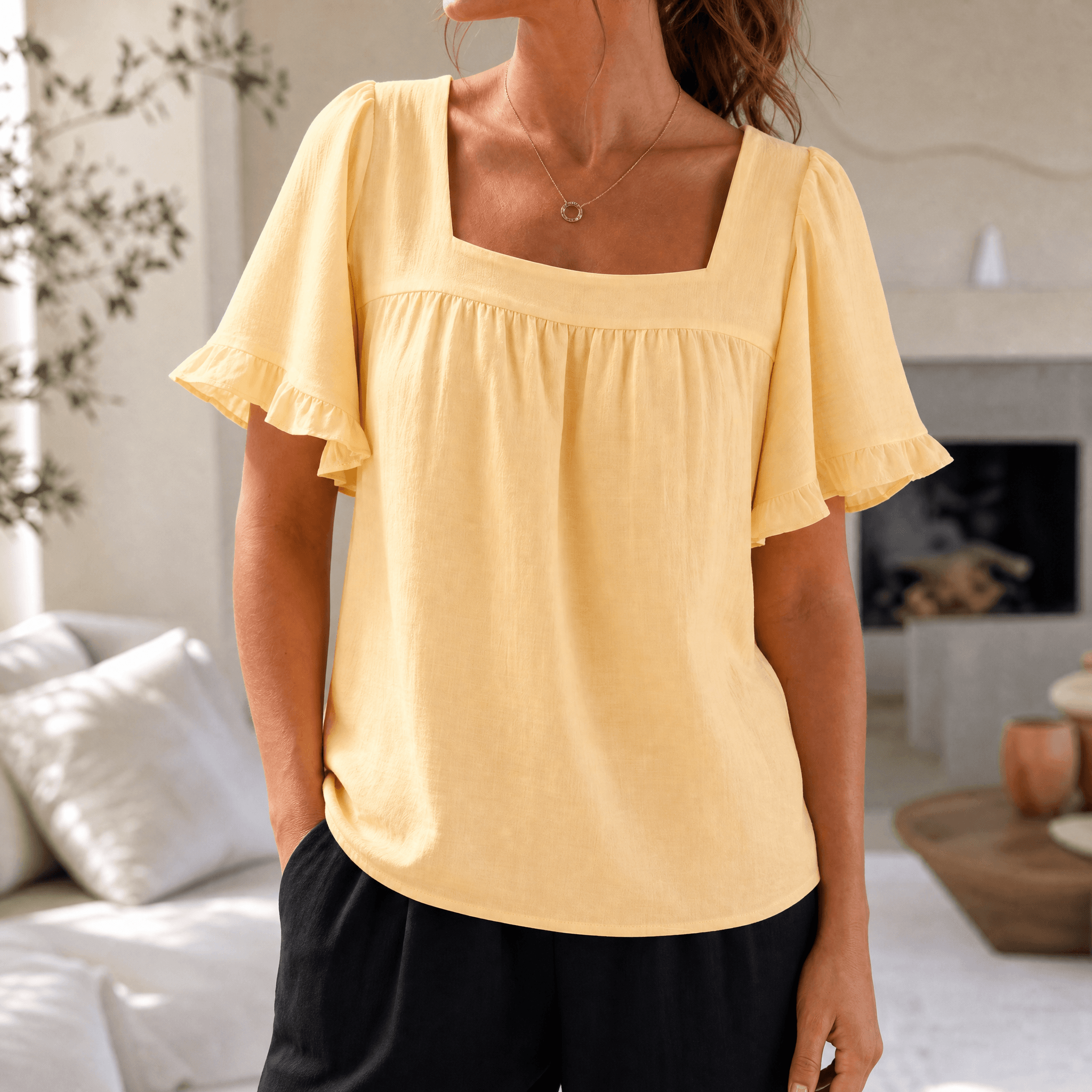 Florelle – Women's Square Neck Flutter Sleeve Blouse
