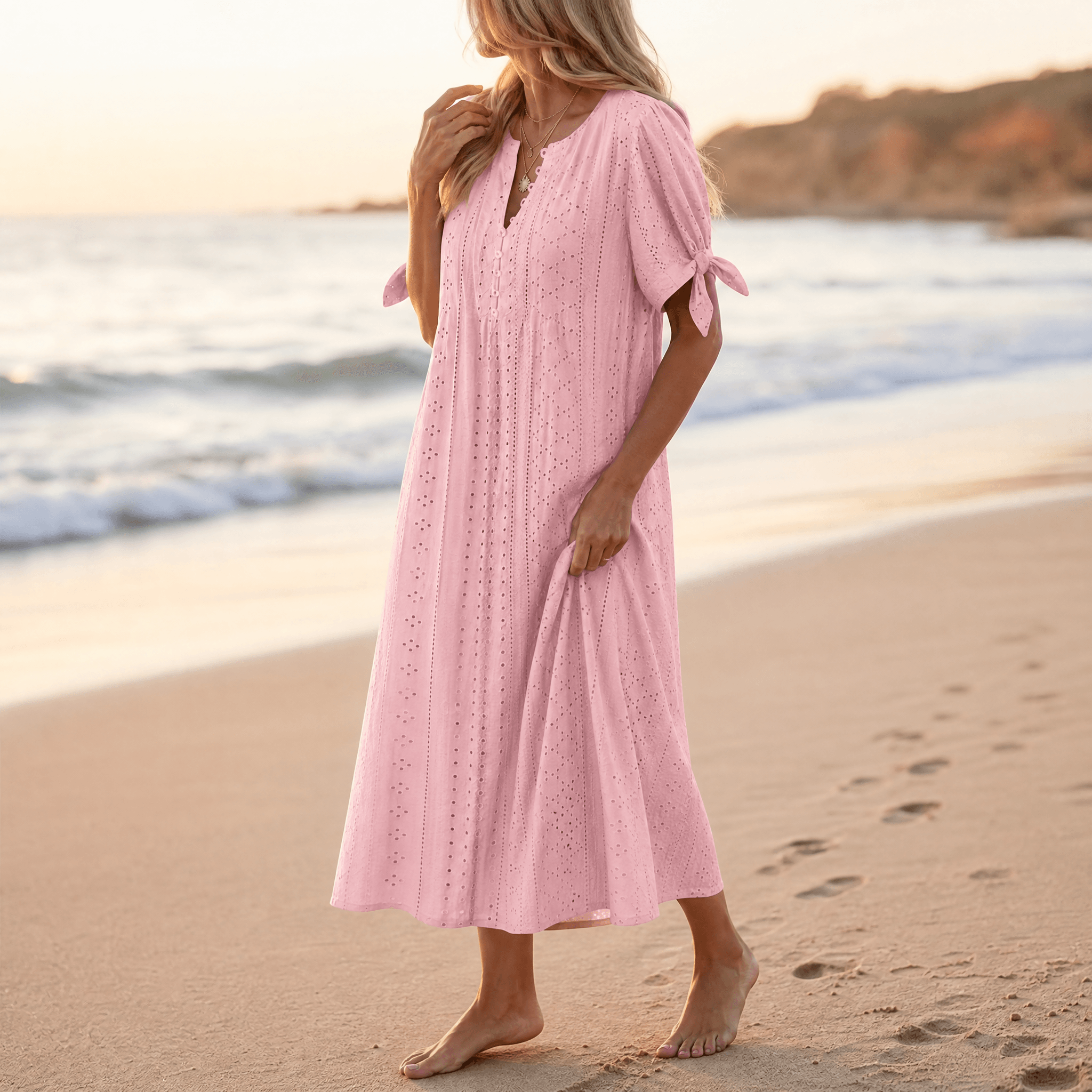 Florenza – Women's Eyelet Midi Dress with Tie-Bow Sleeves