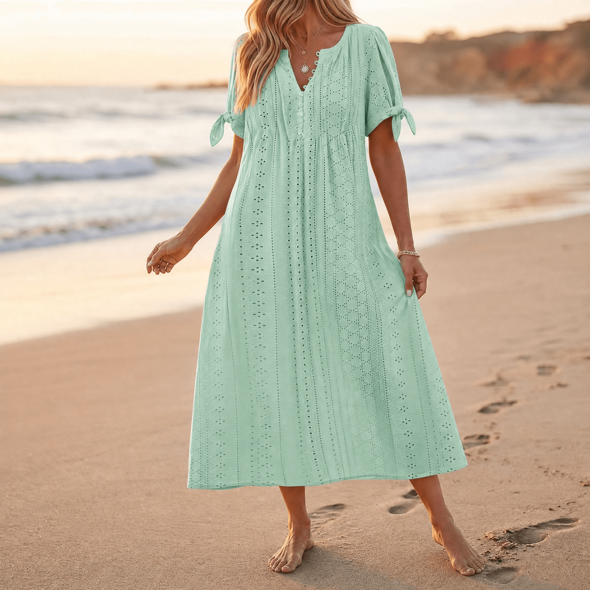 Florenza – Women's Eyelet Midi Dress with Tie-Bow Sleeves
