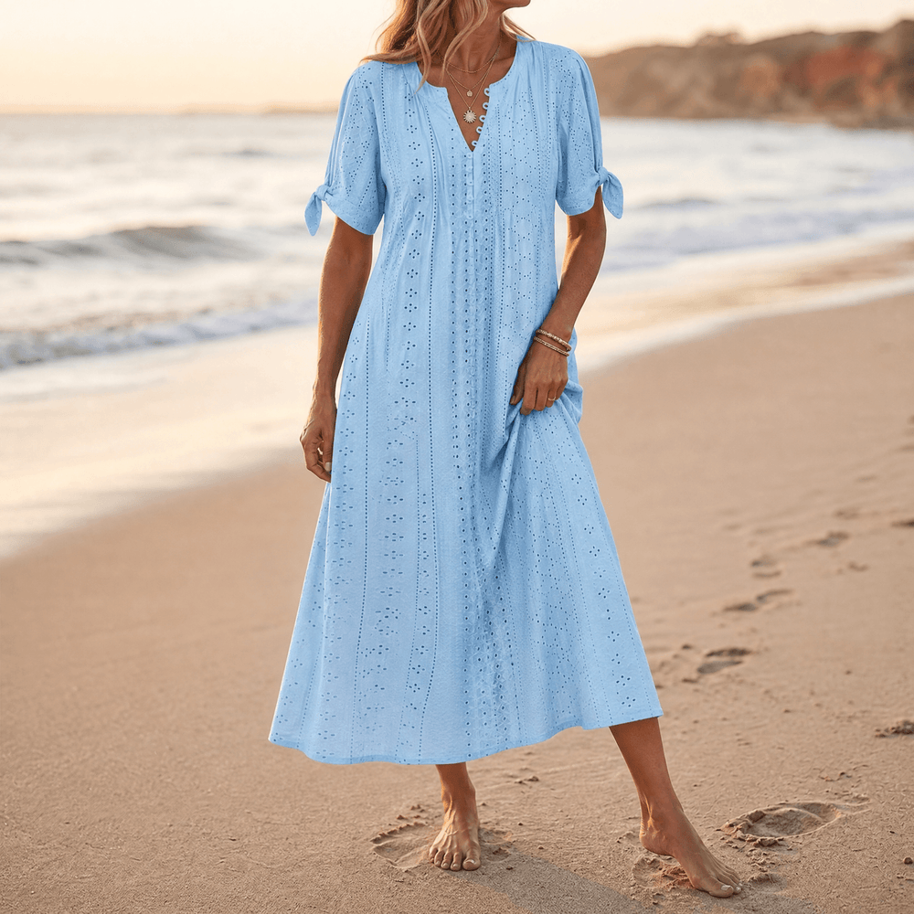 Florenza – Women's Eyelet Midi Dress with Tie-Bow Sleeves