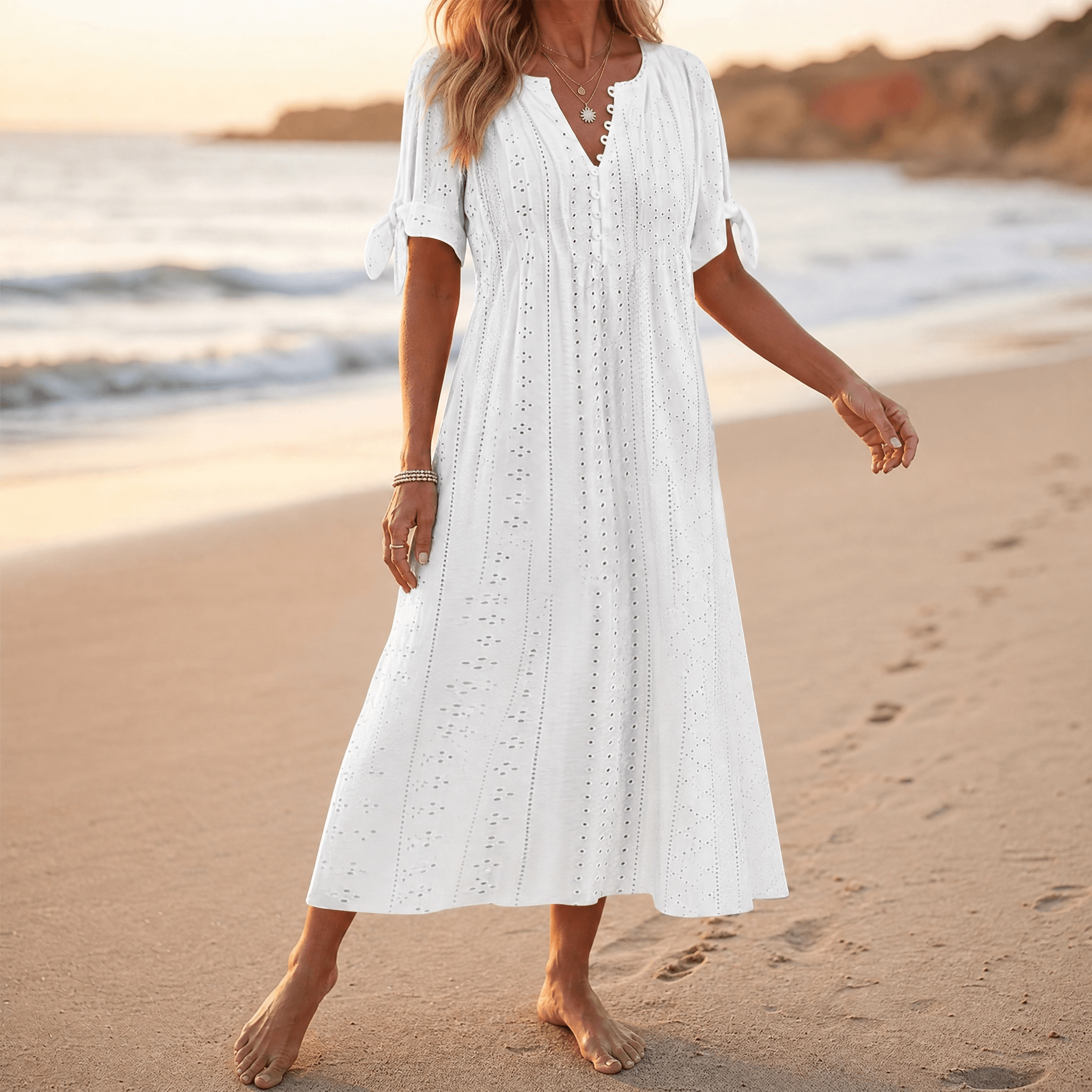 Florenza – Women's Eyelet Midi Dress with Tie-Bow Sleeves