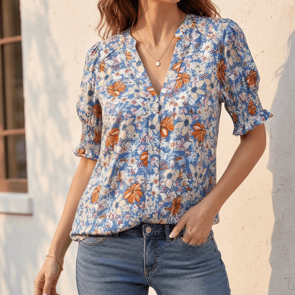 Florenza – Women's Floral Puff Sleeve V-Neck Blouse