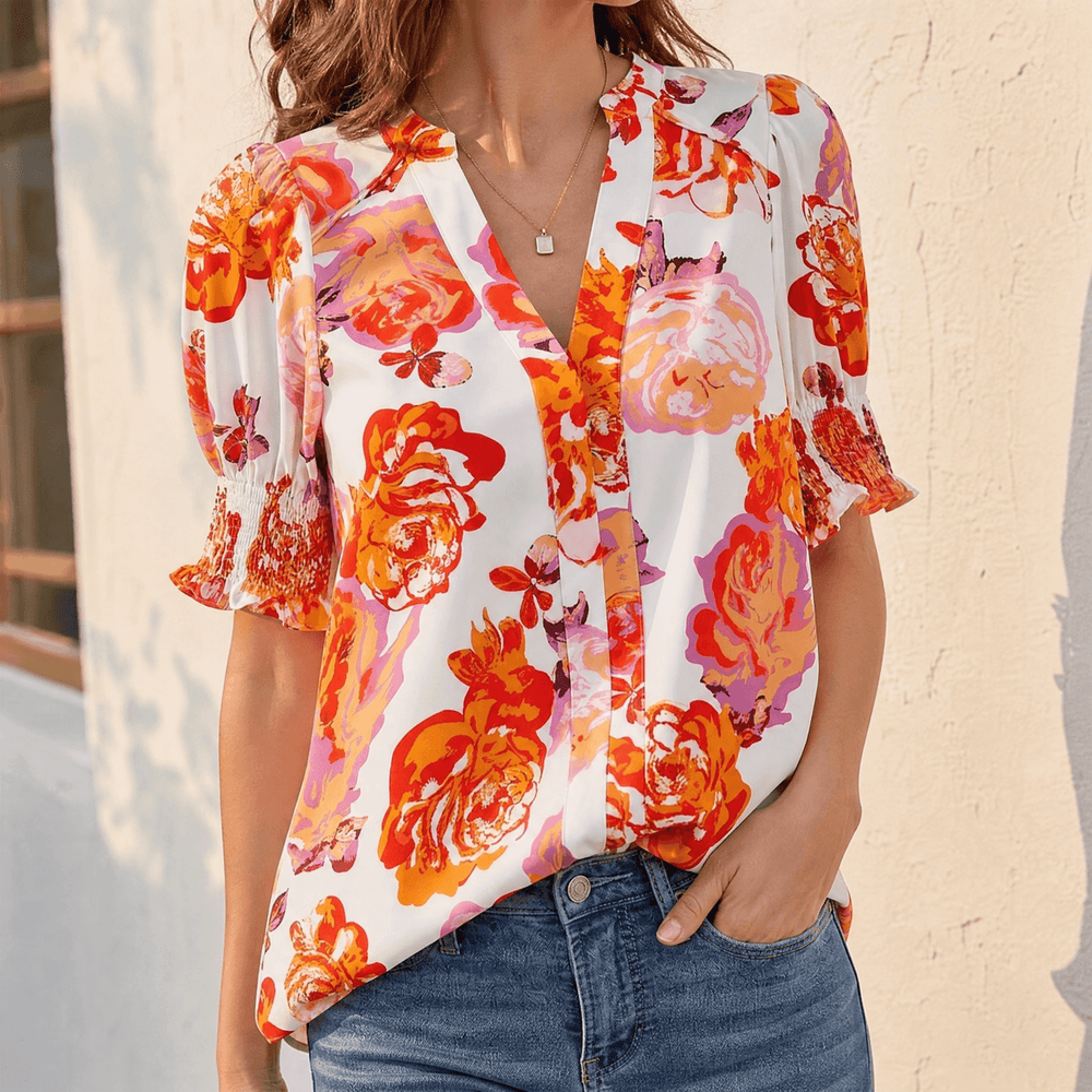 Florenza – Women's Floral Puff Sleeve V-Neck Blouse