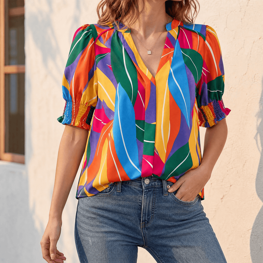 Florenza – Women's Floral Puff Sleeve V-Neck Blouse