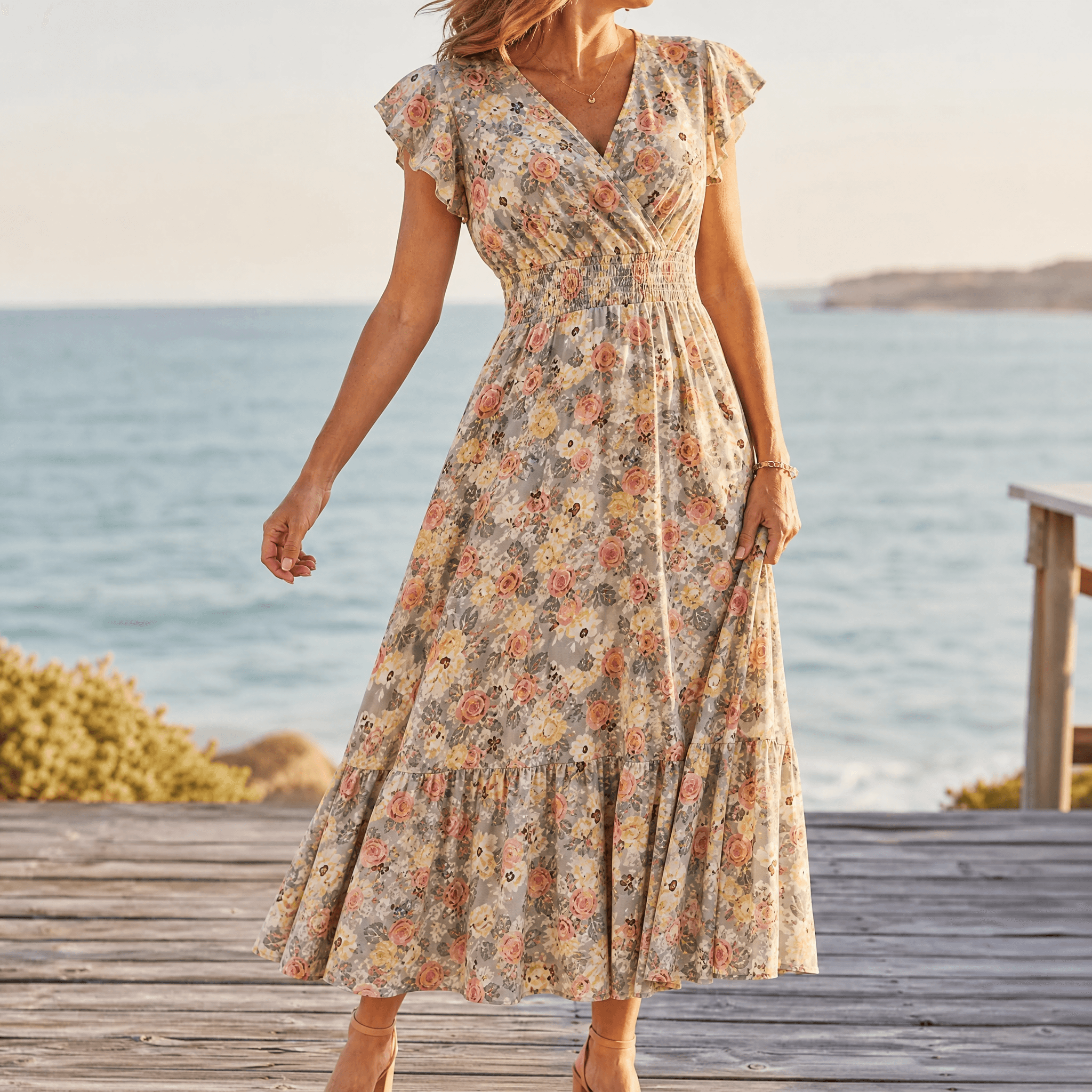 Florenza – Women's Floral V-Neck Smocked Midi Dress