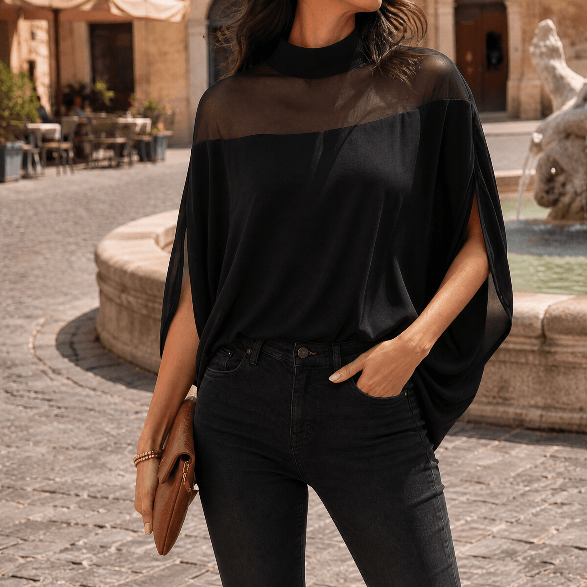 Florenza – Women's Mesh Yoke Batwing Blouse
