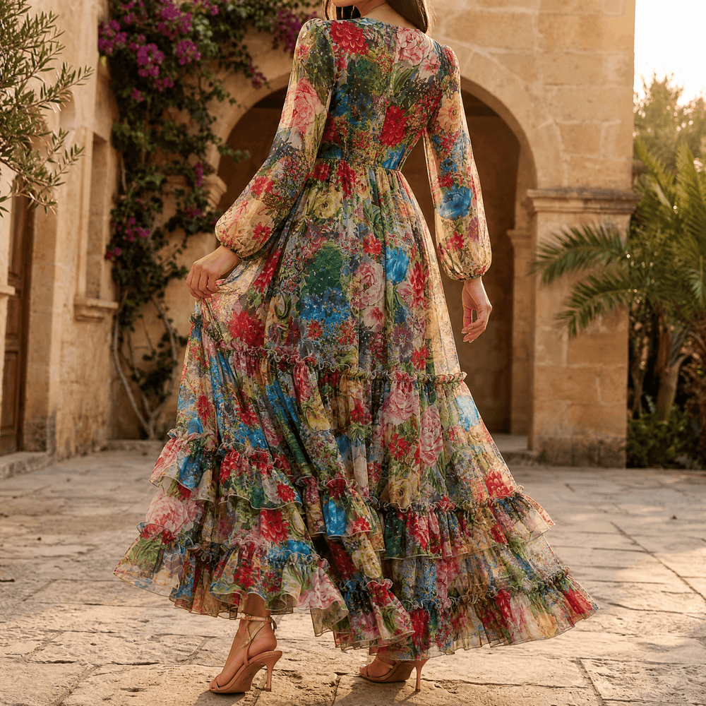 Floressa – Women's Tiered Floral Maxi Dress with Lantern Sleeves