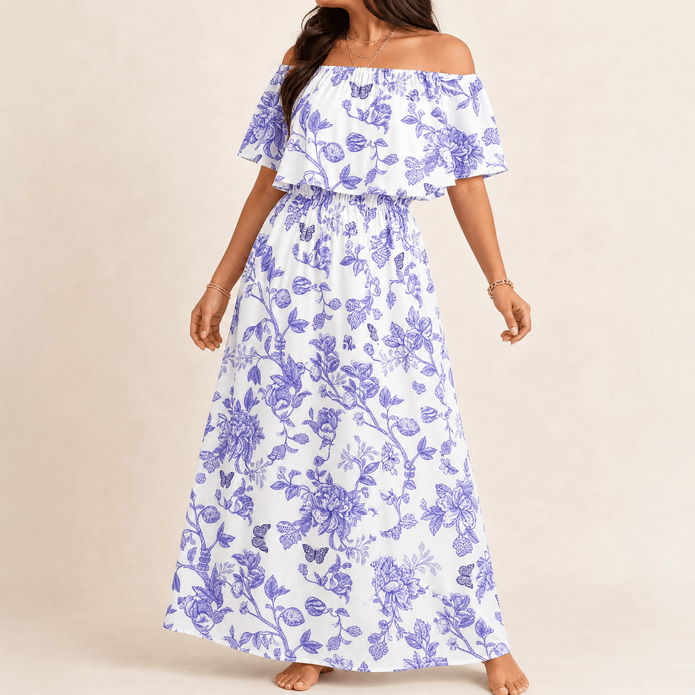 Florevia – Women's Off-Shoulder Floral Maxi Dress with Pockets
