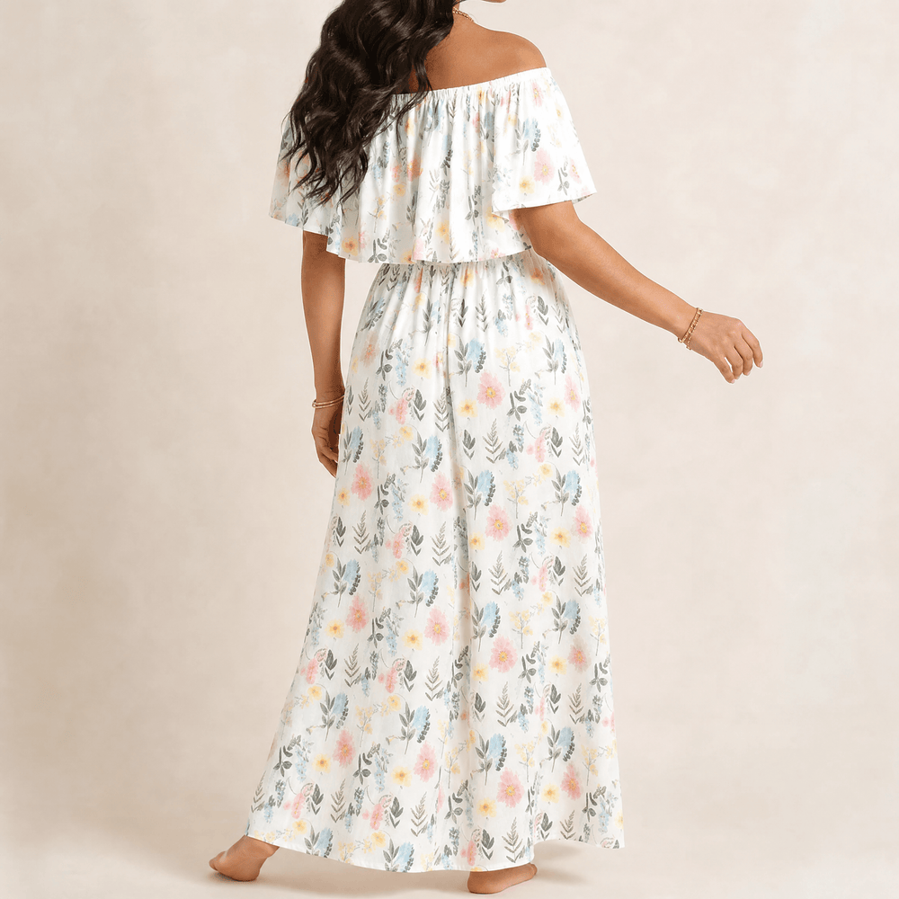 Florevia – Women's Off-Shoulder Floral Maxi Dress with Pockets
