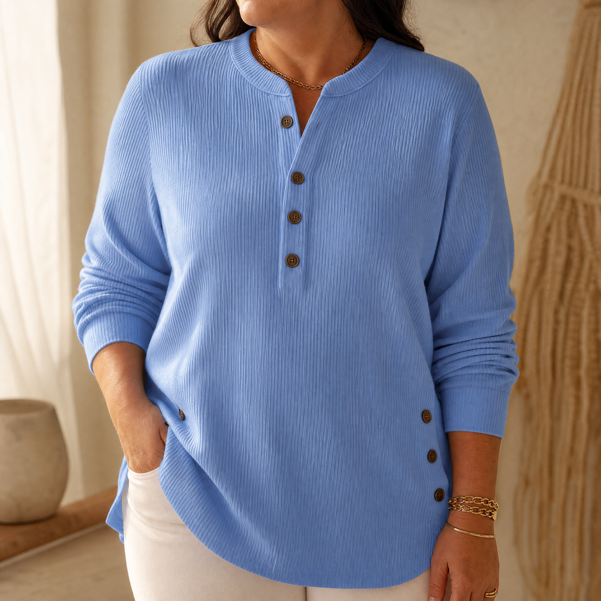 Lunavia™ - Ribbed Button-Up Henley Tunic