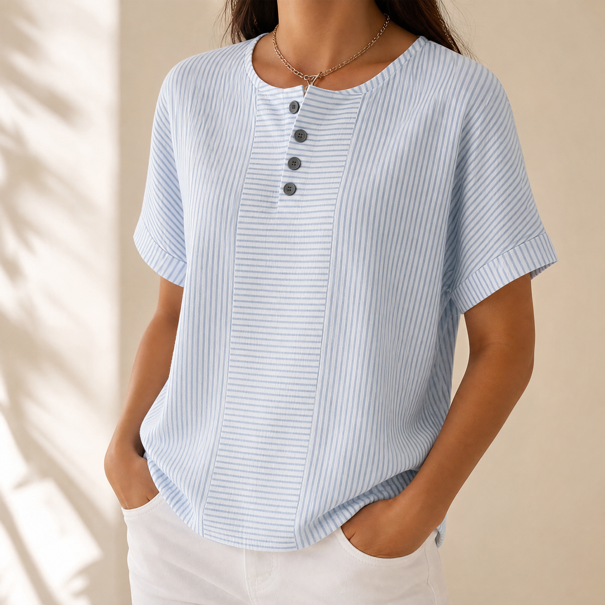Lunavia – Women's Slimming Stripe Panel Henley Top
