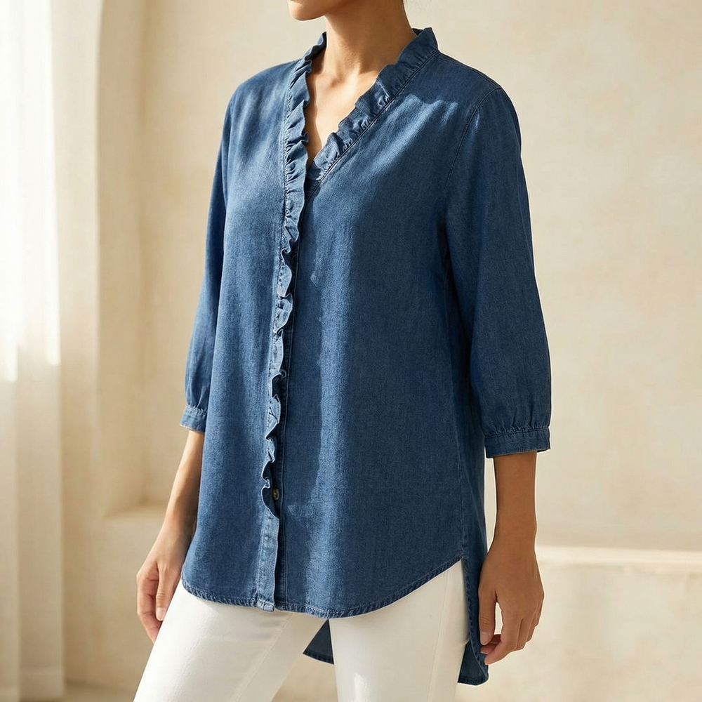 Vivara – Soft Ruffle V Neck Denim Blouse