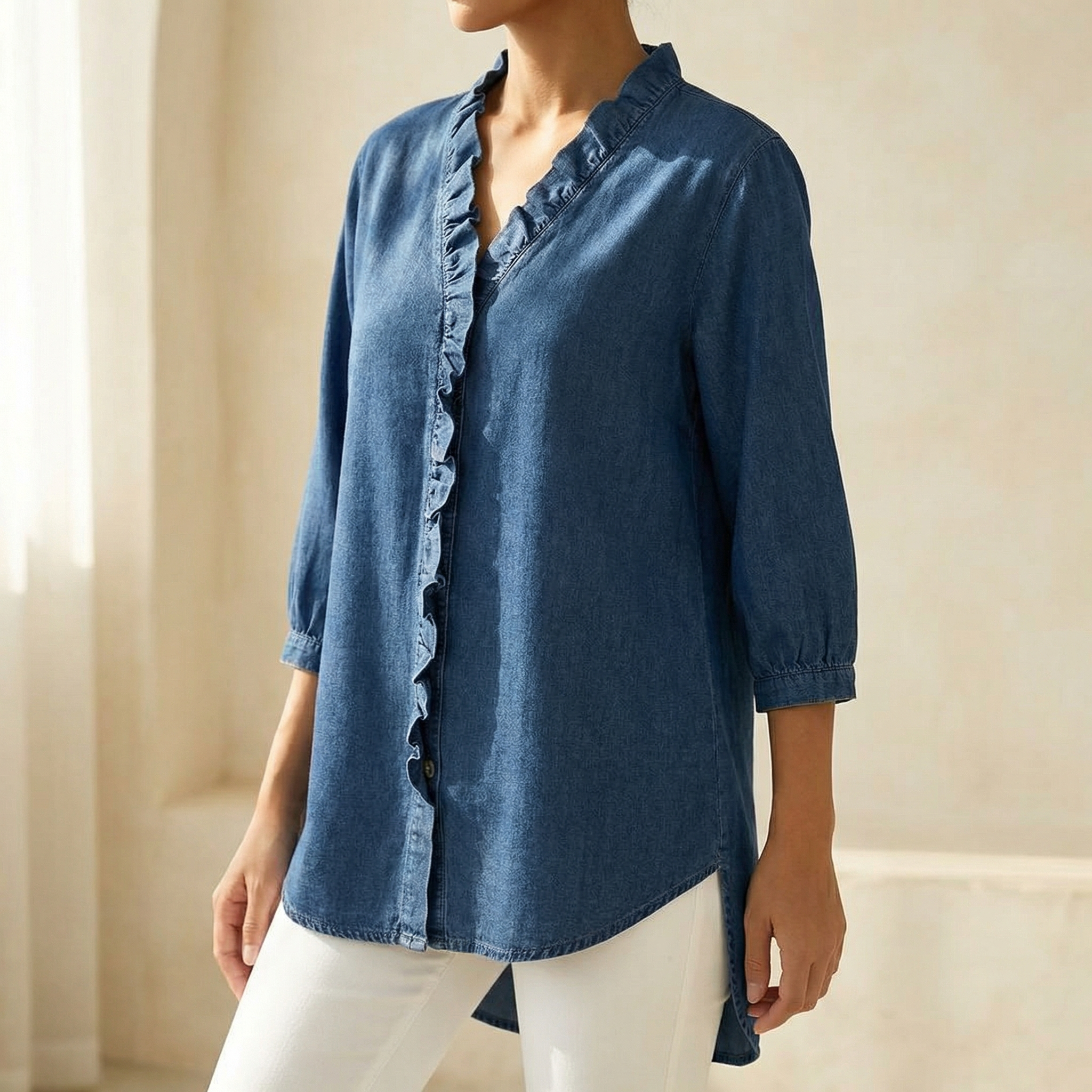 Vivara – Soft Ruffle V Neck Denim Blouse