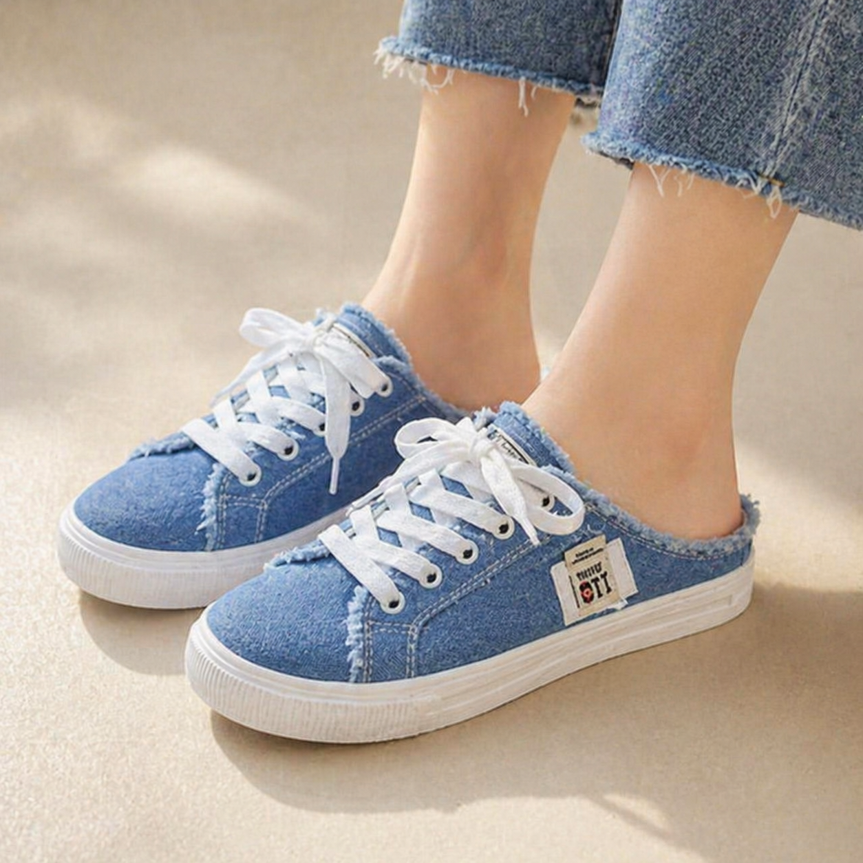 Vellora – Frayed Denim Slip-On Sneakers