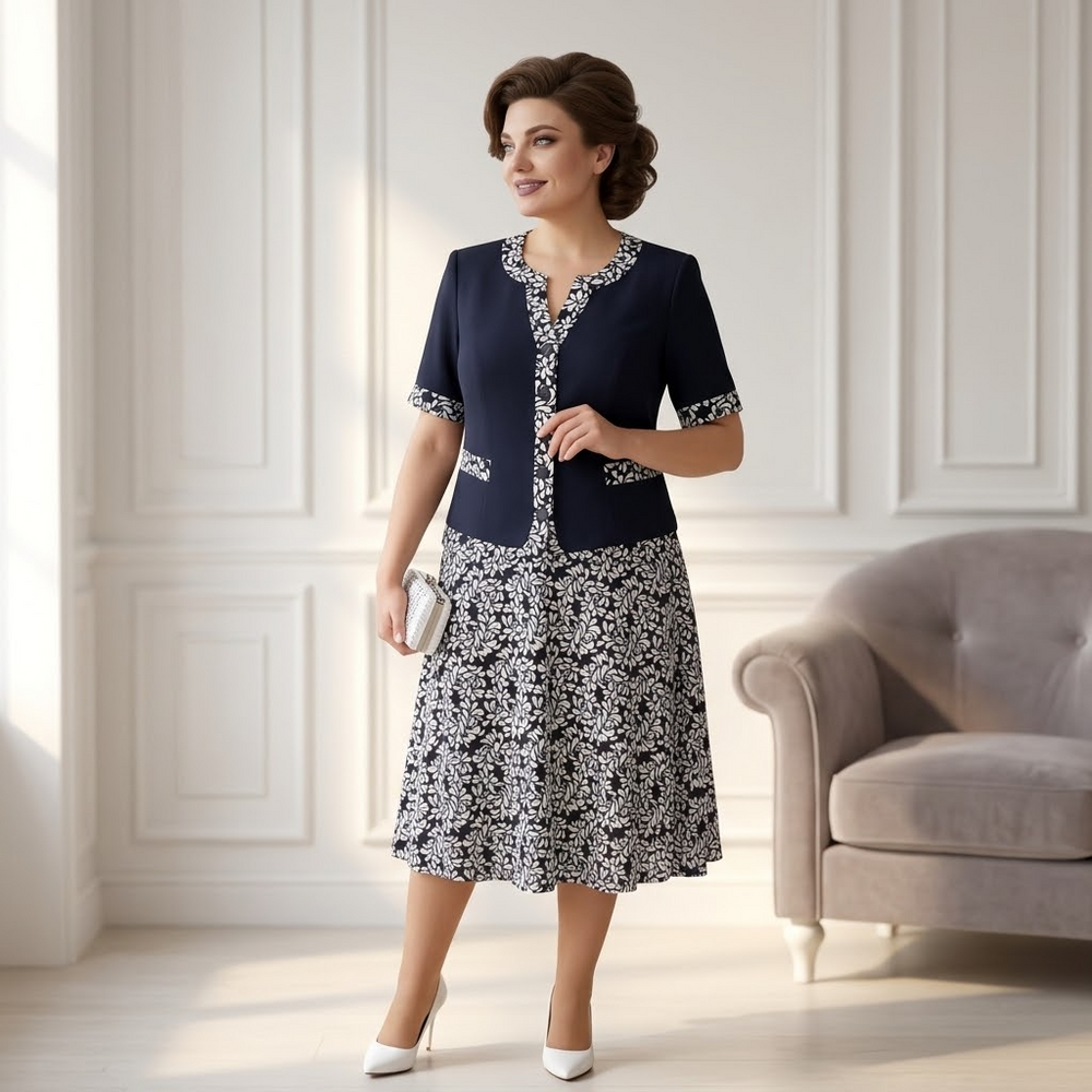 Maelyn – Women's Elegant Navy Floral Dress with Built-In Jacket