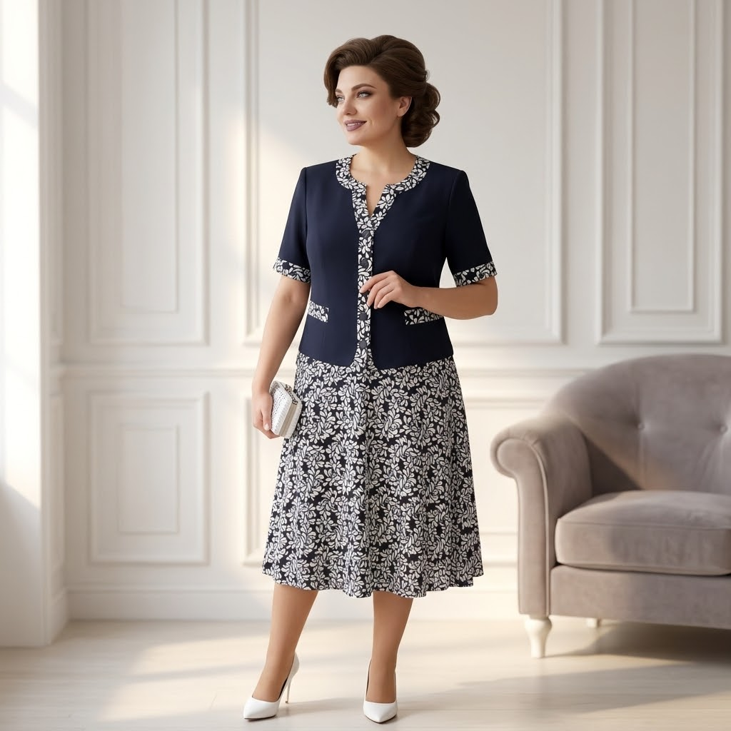 Maelyn – Women's Elegant Navy Floral Dress with Built-In Jacket