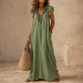 Veluna – Women's Ruffle-V Midi Dress with Pockets