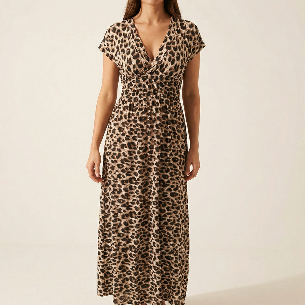 Vivara – Ruched Waist Leopard Maxi Dress