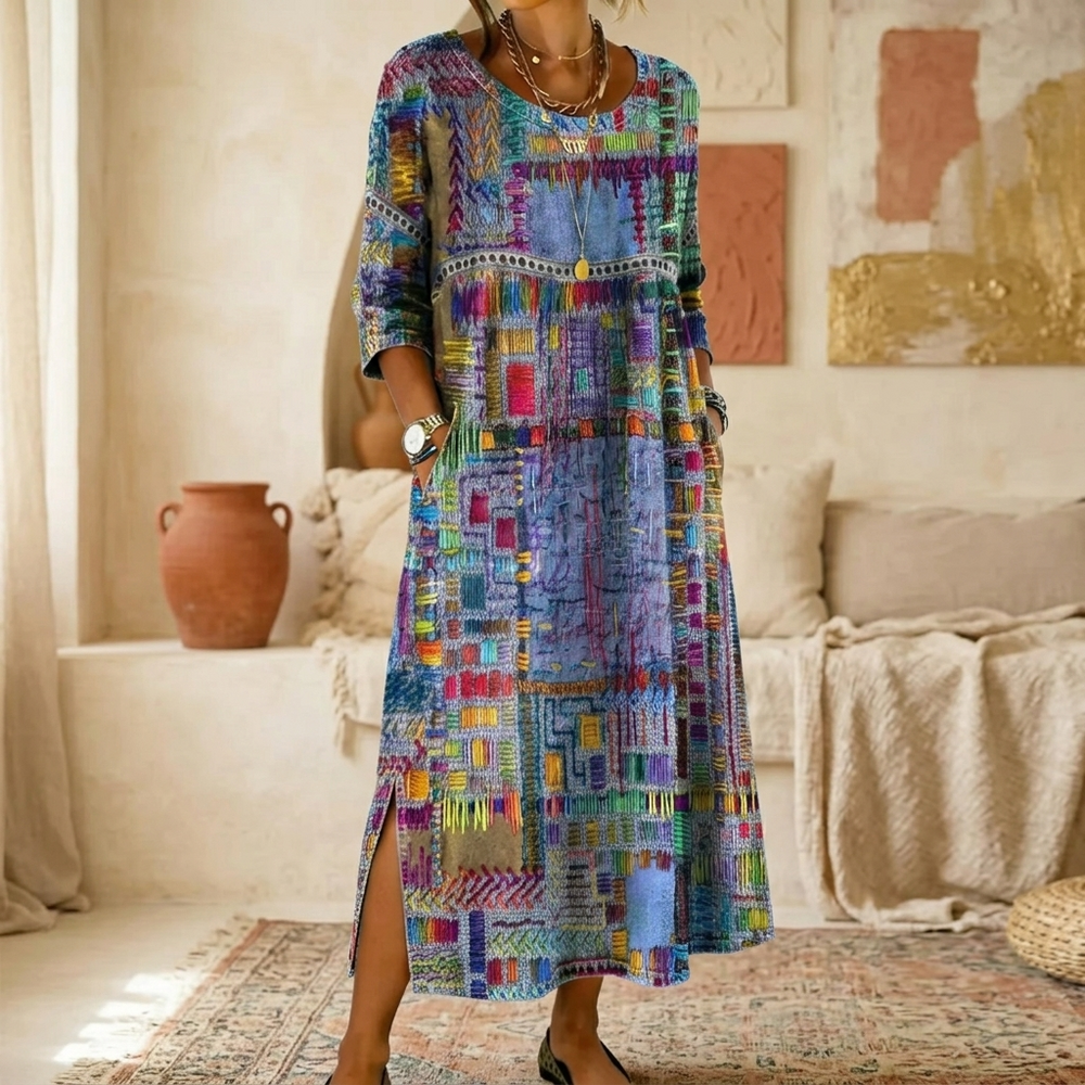 Tessara – Women's Artisan Print Midi Dress with Pockets