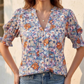 Florenza – Women's Floral Puff Sleeve V-Neck Blouse