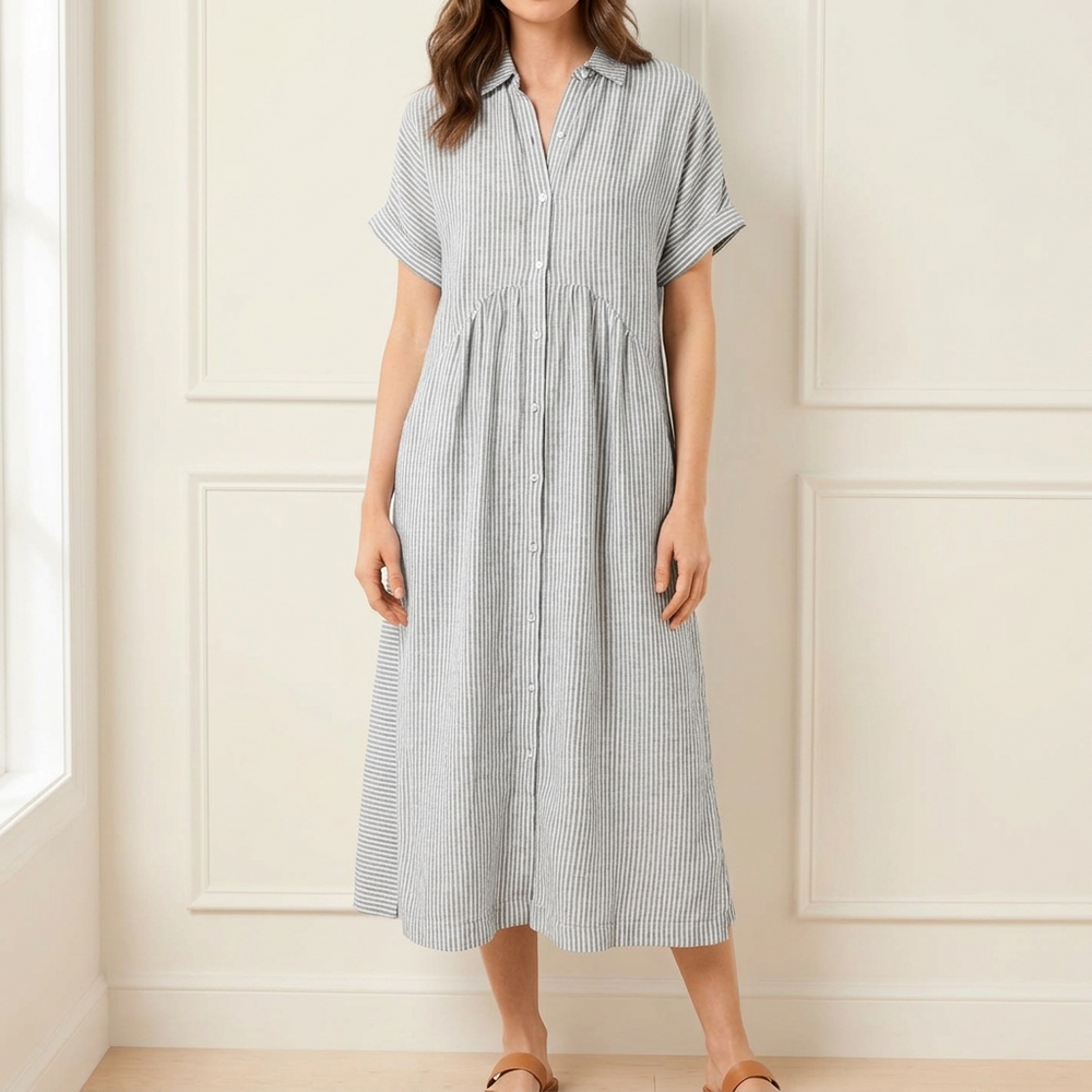 Linara - Striped Midi Shirt Dress with Pockets