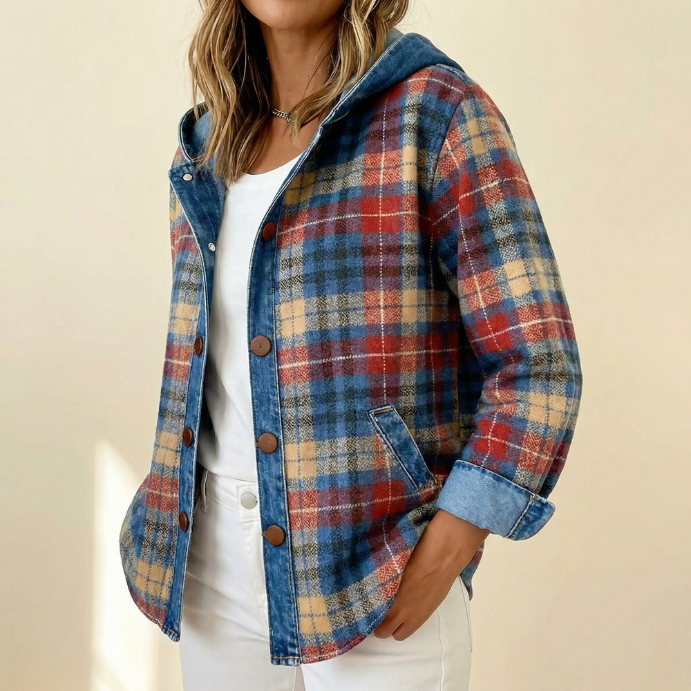 Weslyn – Women’s Contrast Denim Plaid Hooded Jacket