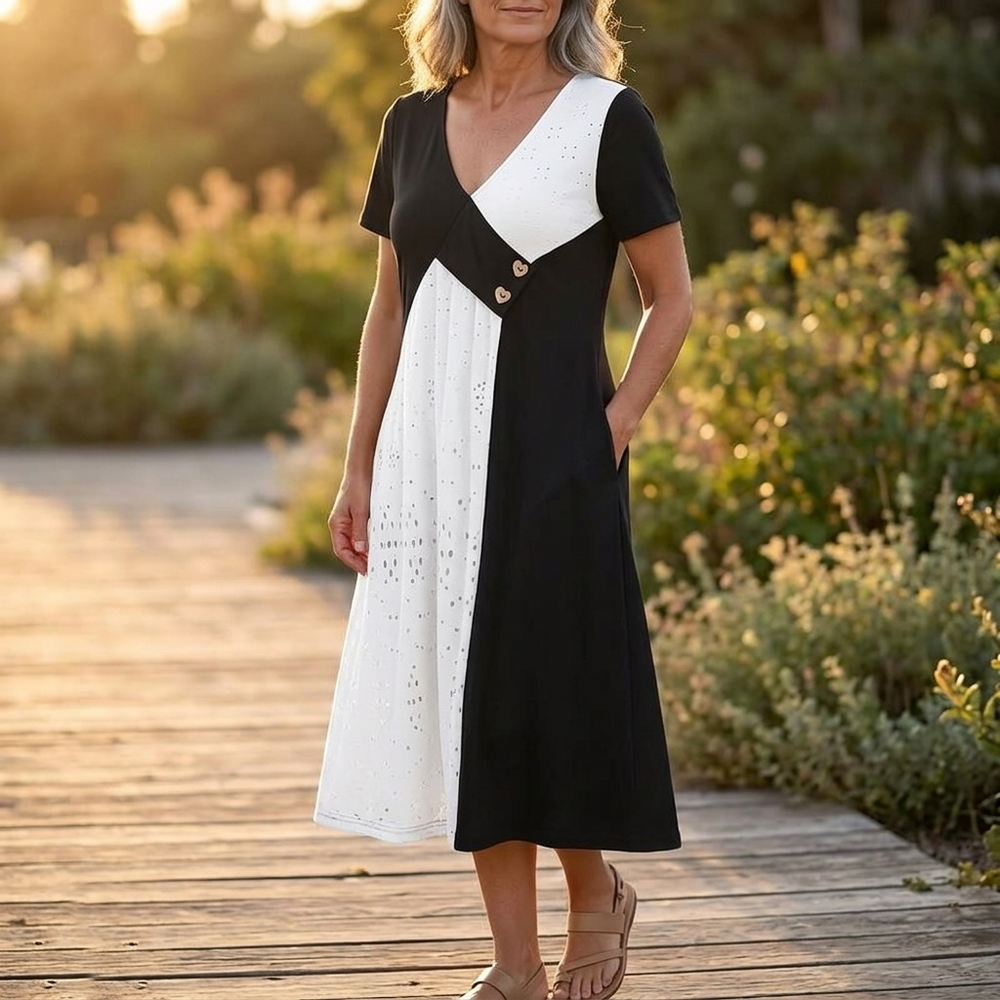 Vivara - Diagonal Patchwork V-Neck Midi Dress